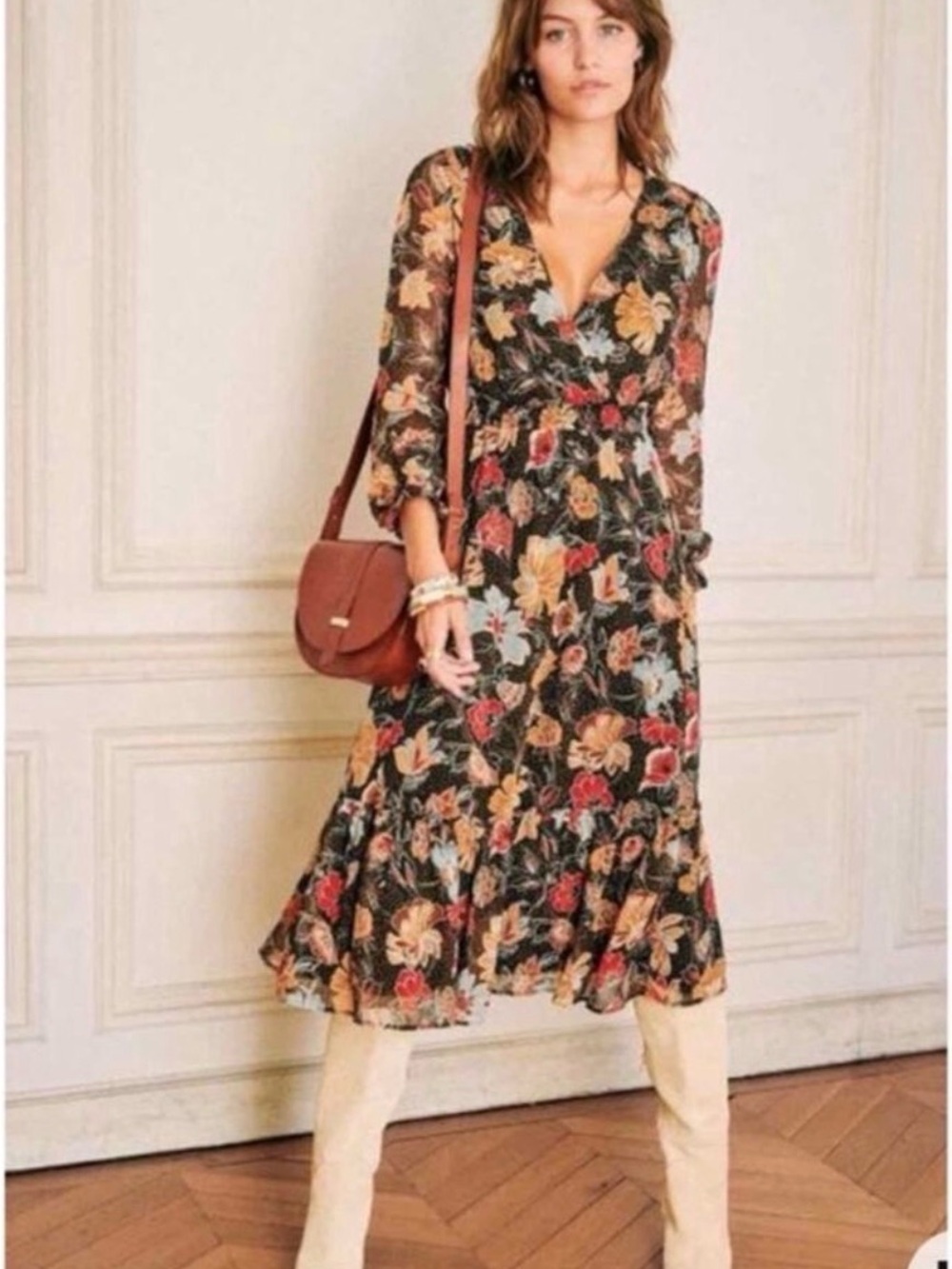 Sezane Black Floral Long-Sleeve Midi Dress